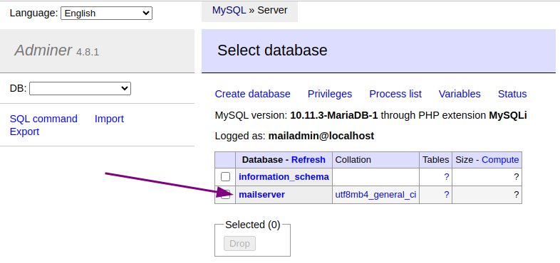 Create a database in Adminer